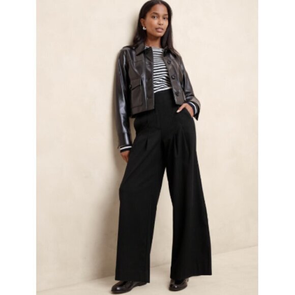 Banana Republic ULTRA High Rise WIDE Leg FLANNEL Black PLEAT Pants Size 8 RT$120 - Picture 1 of 4